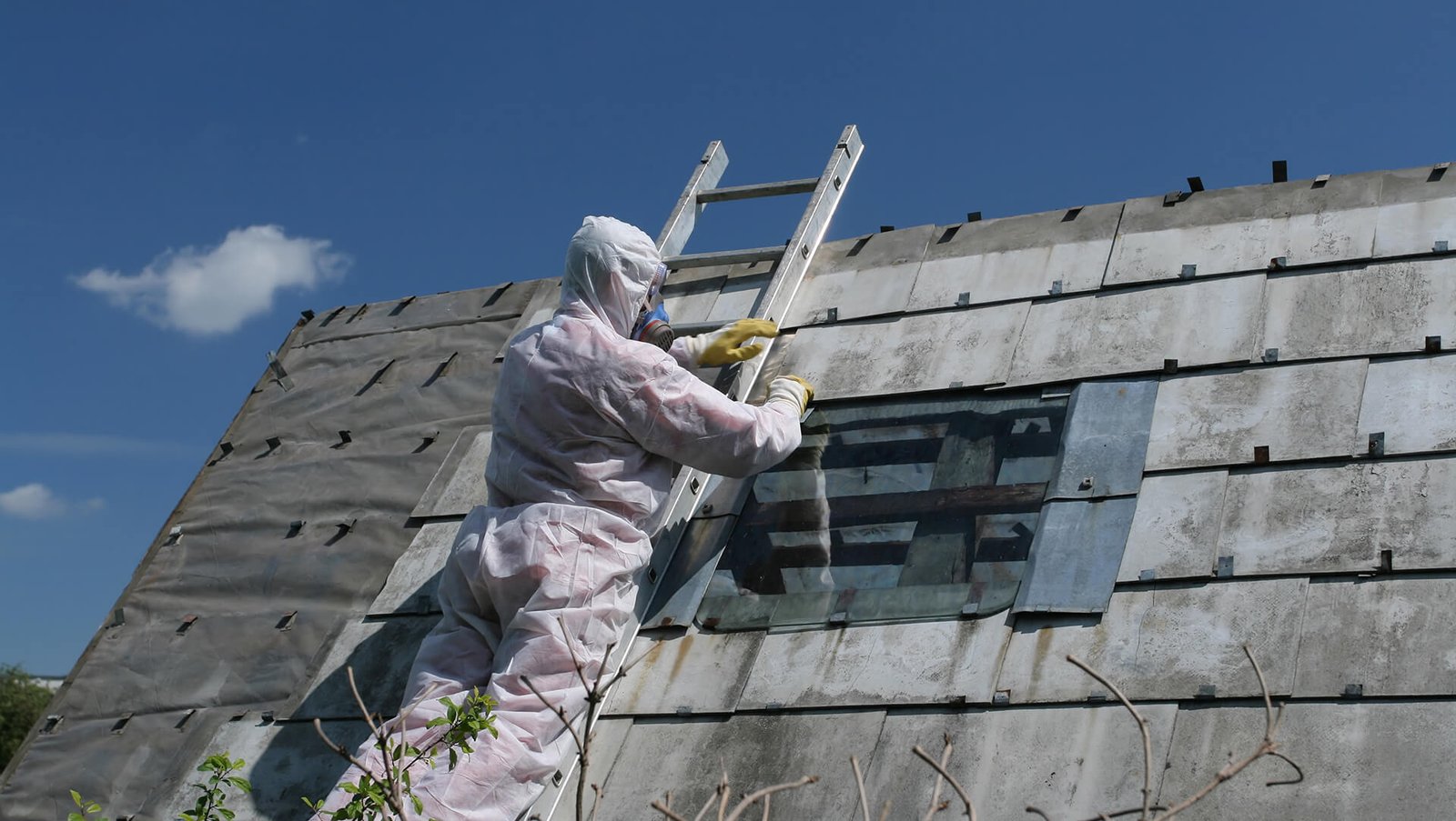 A man does asbestos removal on a ladder on a roof