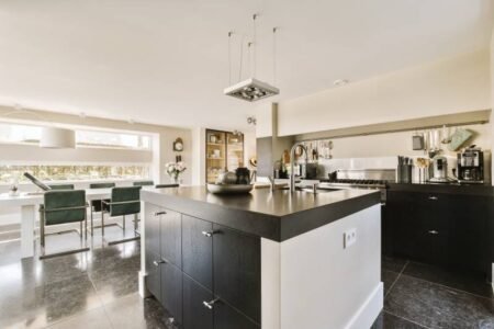 a large kitchen with an island and a dining room