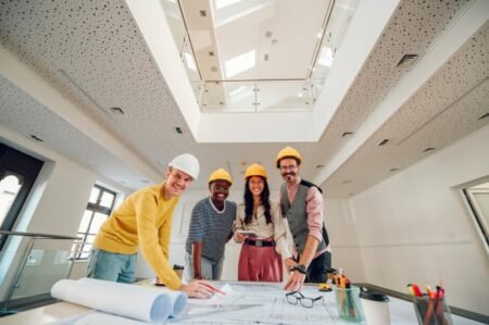 Multiracial team of architects having a meeting while using blueprints