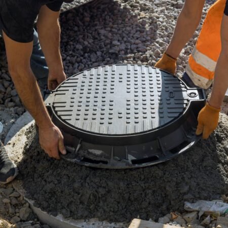 A worker installs a sewer manhole on a septic tank made of concrete rings