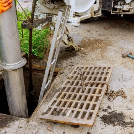 Sewage industrial cleaning truck clean blockage in a sewer line machine from the inside.